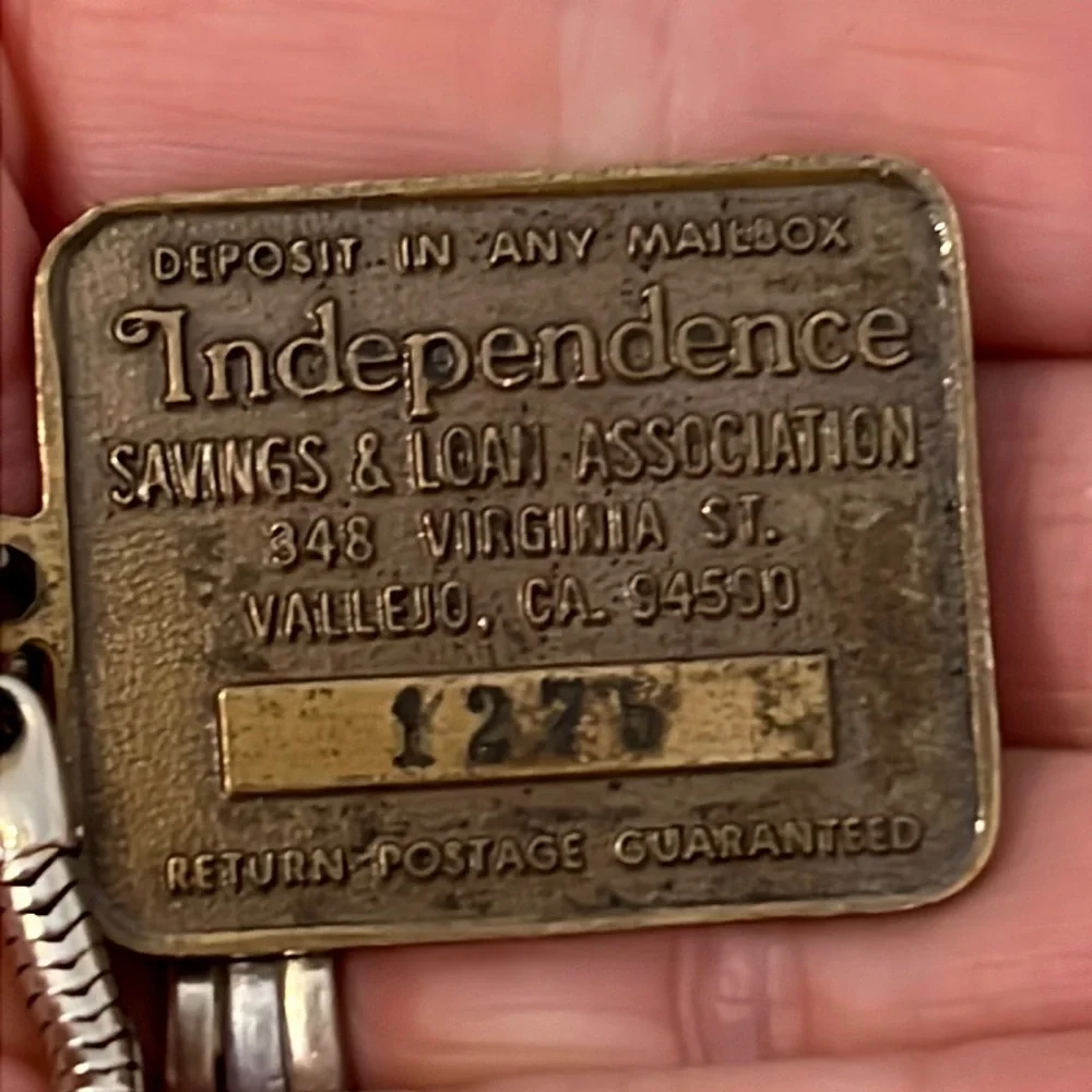 Vintage Independence Savings & loan Lockbox brass keychain safe deposit box CA